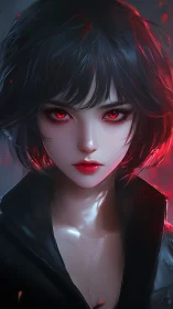 Crimson-eyed heroine holds a quiet, powerful midnight gaze