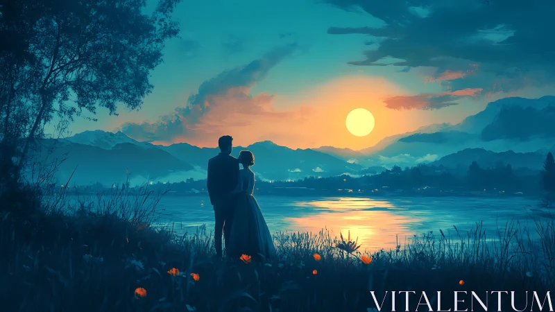 Couple watches golden sunset over tranquil mountain lake.