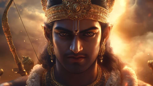 Gold-crowned warrior figure in frontal view against clouds.