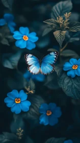 Iridescent blue butterfly amid teal foliage and blossoms.