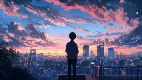 Twilight skyline viewed from rooftop with solitary figure.