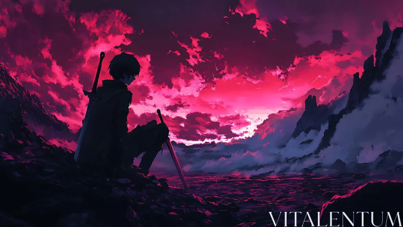 Silhouetted swordsman observing magenta clouded horizon.