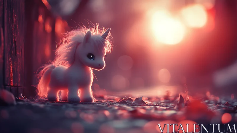 Soft toy unicorn glowing in a dreamy sunset street.