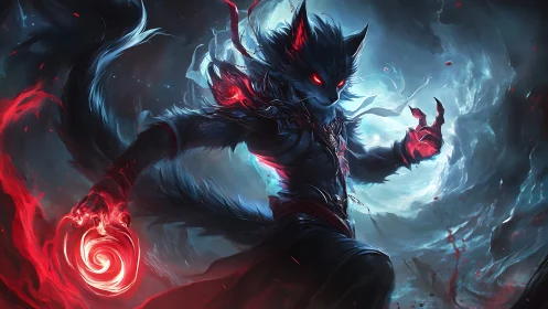 Anthropomorphic wolf mage with red energy in swirling void.