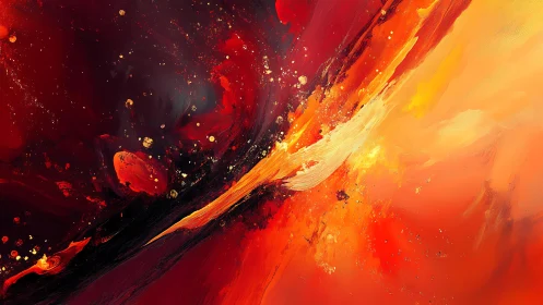 Fiery Abstract Painting with Bold Red and Orange Brushstrokes.