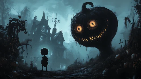 Moonlit haunted manor with giant sinister jack o lantern