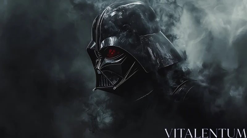 Black sci fi helmet emerges from dense surrounding smoke