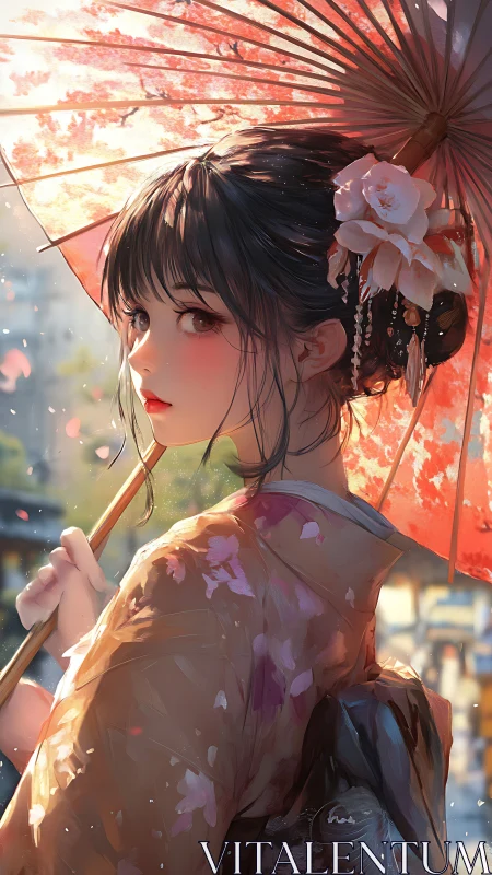 Young woman in kimono holds parasol under soft backlight
