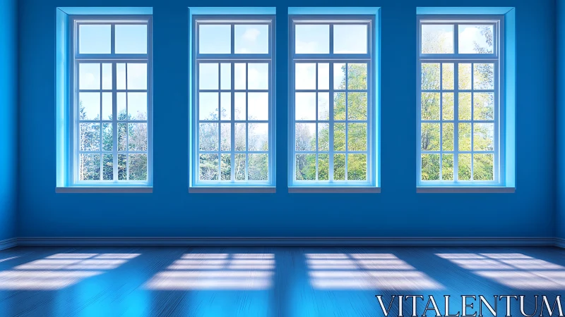 Four tall blue windows quietly choreograph sunlit geometry