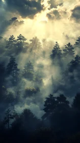 Atmospheric Volumetric Light Phenomenon Through Misty Forest Canopy with Crepuscular Rays