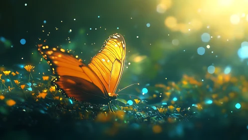Golden butterfly rests in glowing bokeh meadow at dusk.