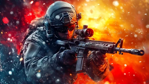 Tactical soldier aims rifle amid explosive bicolor firestorm.