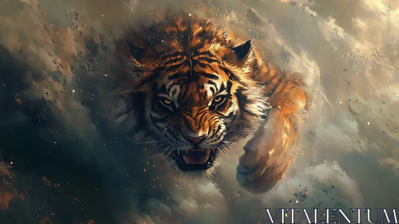 Roaring tiger bursting through swirling storm clouds.