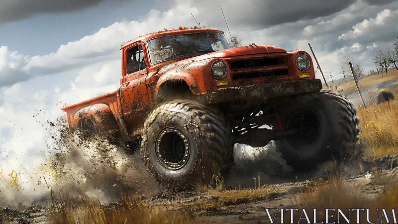 Mud-slinging orange monster truck storms the wild plains.