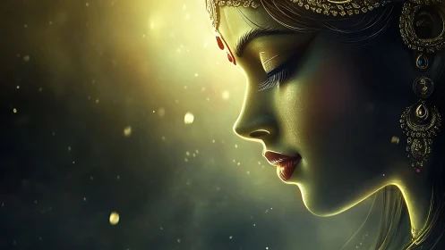 Radiant goddess profile glowing in soft golden light.