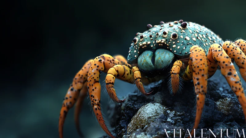 Spotted orange crab-like creature on rock in macro view.