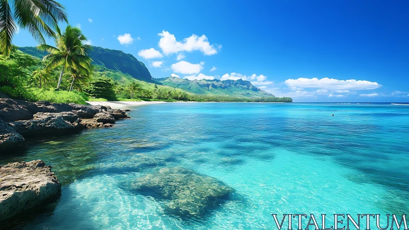 Tropical Beach Cove with Mountain and Palm Trees.