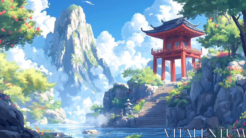 Scarlet pavilion above cloud-kissed mountain river dreamscape.