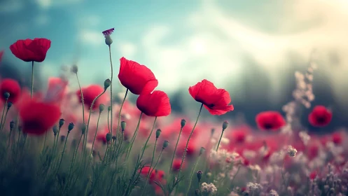 Red Poppies in Hazy Meadow with Selective Focus Depth
