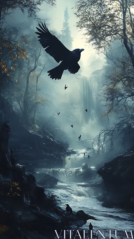 Raven river kingdom beneath mist-drowned waterfall skies.