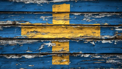 Weathered Swedish flag painted on rustic wooden boards.