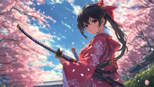 Sword-bearing girl in red kimono amid spring cherry blossoms.