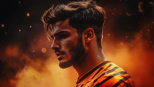 Side profile of male subject in orange light with smoke