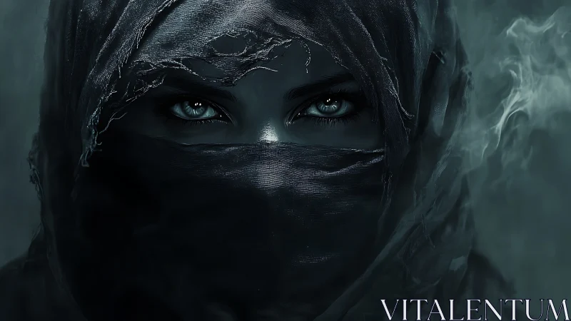 Veiled gaze in torn shroud within smoky teal shadows.