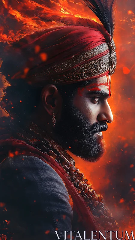 Digital painting profile of regal warrior in ember-scorched aura.