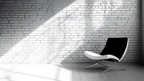 Sunlit modern lounge chair rests by a calm brick wall