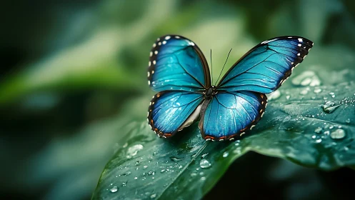 Blue morpho butterfly on wet green leaf in close focus.