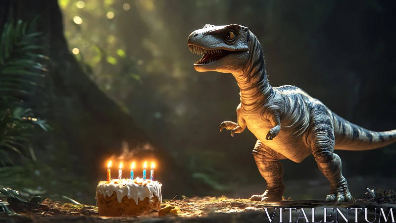 Dinosaur Celebrating Birthday With Cake