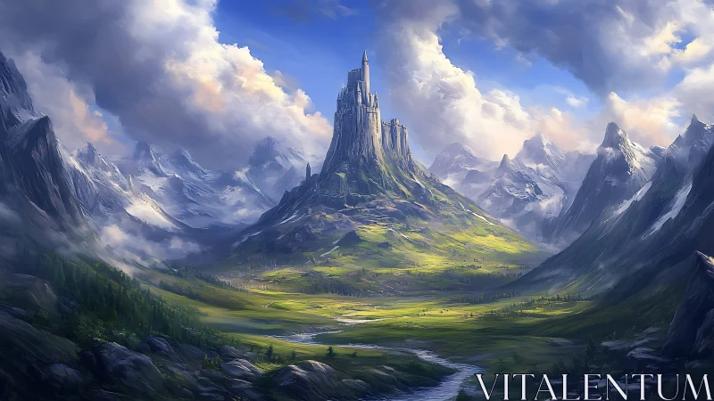 Majestic mountain citadel above luminous alpine valley.