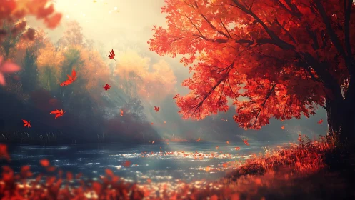 Digital landscape shows autumn foliage beside calm river