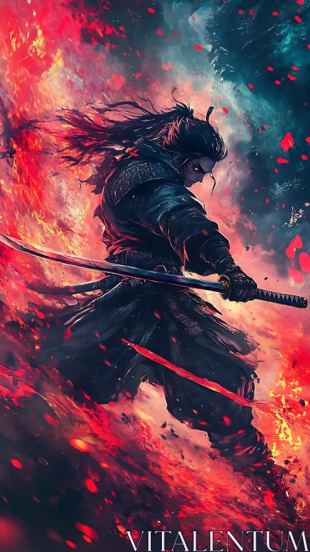 Samurai warrior slices through molten embers in dynamic counterstrike