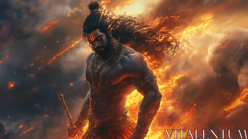 Fiery warrior demigod in burning storm of smoke and flame.