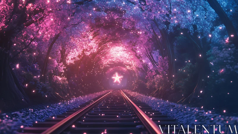 Enchanted railway tunnel glows with neon blossoms and starlight