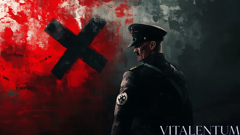 Shadowed officer studies a bold red wall marked with refusal