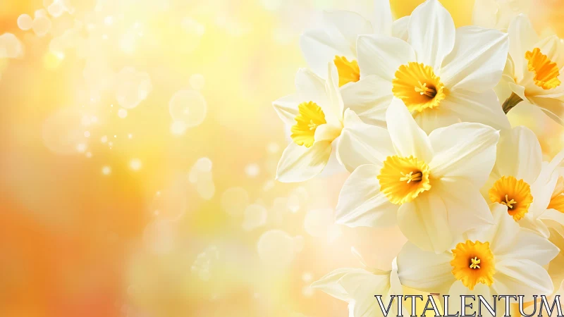 Daffodils with golden centers on blurred warm background.