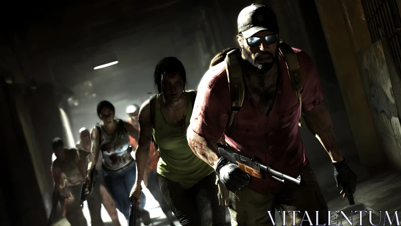 Armed survivor advances through dim corridor amid infected horde