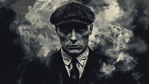 Smoke-crowned gangster glares through noir-streaked shadows.