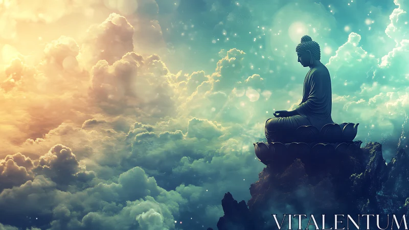Buddha statue meditates above glowing clouds in celestial sky