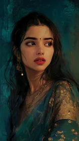 Gaze Beyond Midnight: South Asian portrait in teal light.