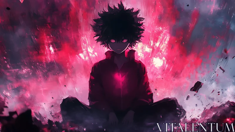 Psychic child in crimson energy storm, glowing chest core