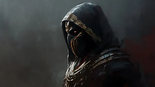 Hooded dark warrior in ornate mask emerging from shadow.