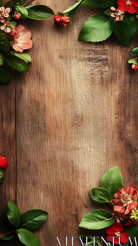 Floral arrangement on aged wooden surface with botanical elements.