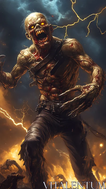 Burning undead monster roaring amid storms and flames.