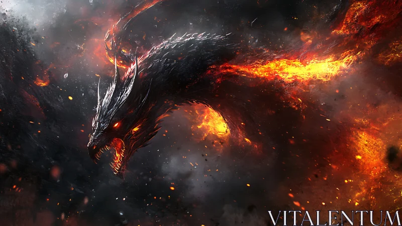 Fiery black dragon roaring in swirling molten smoke.