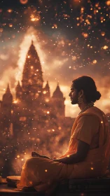 Monastic silhouette meditating before luminous temple bokeh.