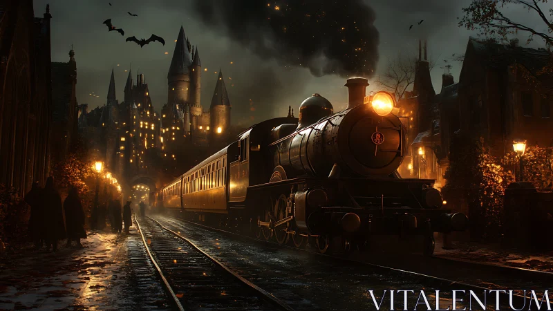 Nightbound steam engine hums toward a spell-lit castle